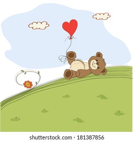 teddy bear with heart on meadow, vector illustration