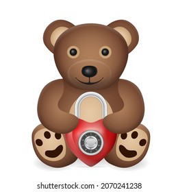 Teddy bear with heart padlock on a white background. Vector illustration.