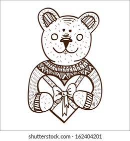Teddy bear with heart present. Sketch vector design element for Valentine's day