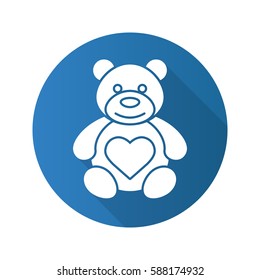 Teddy bear with heart shape. Flat design long shadow icon. Vector silhouette symbol