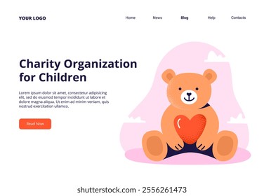 Teddy bear with heart sign. Kindness, charity, and helping children concept. Vector flat illustration for web banner, landing page, or promo.
