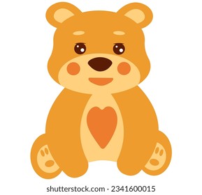 Teddy bear with a heart, bear with a smile, kind bear with a heart, A light brown bear. Painted animals. Flat vector illustration, EPS10