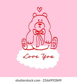 Teddy Bear with Heart and “Love You” Text. Hand-Drawn Valentine’s Day Greeting Card.
