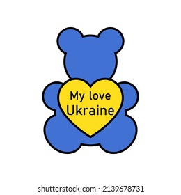 Teddy bear with heart, Ukraine flag color symbol, concept design. Vector illustration.