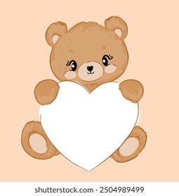 Teddy bear and heart vector hand drawn illustration, cute print design for kids 