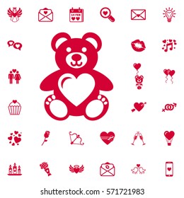 Teddy bear with heart vector icon on the white background.