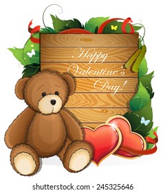 Teddy bear with  hearts and foliage on wooden background.  Valentines day card