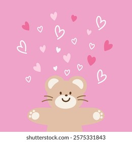 Teddy bear with hearts on pink background for Valentine's Day card, print, love sign, cartoon character, wallpaper, happy anniversary, backdrop, love letter, post card, standee, poster, cute patches	
