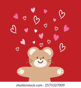 Teddy bear with hearts on red background for Valentine's Day card, print, love sign, cartoon character, wallpaper, happy anniversary, backdrop, love letter, post card, standee, poster, wedding card