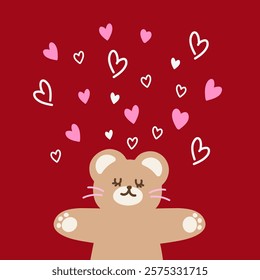 Teddy bear with hearts on red background for Valentine's Day card, print, love sign, cartoon character, wallpaper, happy anniversary, backdrop, love letter, post card, standee, poster, wedding card	
