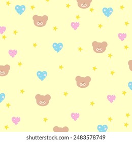 Teddy bear, hearts, star on a pastel yellow background for cute wallpaper, backdrop, fabric, gift wrap, packaging, paper design, pattern, picnic blanket, duvet, kid clothes, pyjamas, animal print, ads