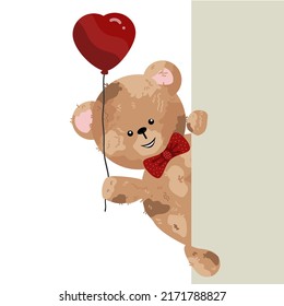 A teddy bear with a heart-shaped balloon peeks out from around the corner.