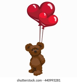 Teddy bear hid behind the balloons in the form of red hearts. Vector illustration.