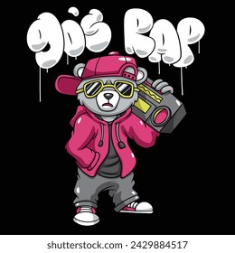 Teddy Bear Hip Hop Streetwear Graffiti Cartoon illustration. Vector graphic for t-shirt prints and posters