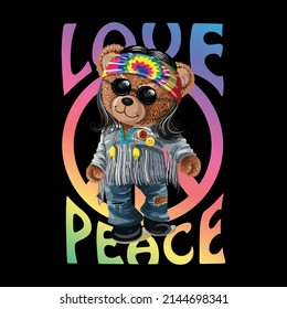 Teddy bear  Hippie style 70's love peace print t  shirts fashion vector poster card