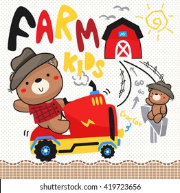 Teddy bear and his brother driving a tractor in a field, illustration vector.