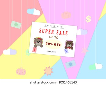 Teddy bear holding bag side view Super Sale poster, banner,special offer,shop now,  up to 50% off,paper cut Vector illustration eps10.