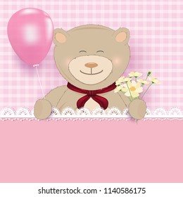 Teddy bear holding balloon and cosmos flower on pink background, illustration for Greeting card, shower card