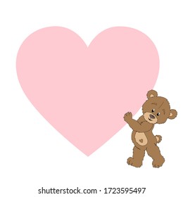 Teddy Bear está sosteniendo un gran corazón rosado por felicitaciones