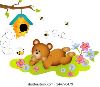 Teddy bear holding bird in the hand