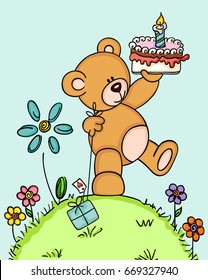 Teddy bear holding birthday cake and gift at forest