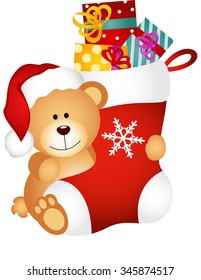 Teddy bear holding Christmas stocking with gifts
