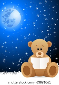 teddy bear holding clear card and blue christmas background