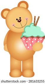 Teddy bear holding a cupcake