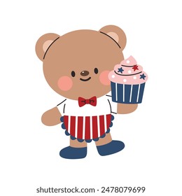 Teddy bear holding cupcake that symbolize Independence Day, celebration 4th July. Flat cartoon style vector illustration isolated on white background