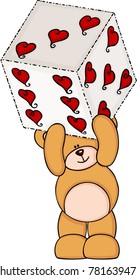 Teddy bear holding dice with hearts