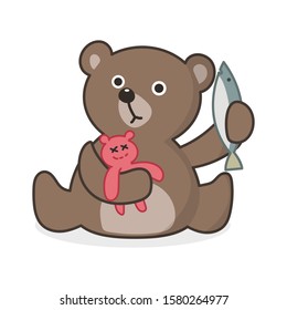 A teddy bear holding a fish and cuddle doll vector illustration cartoon isolated on white background. Cute bear cartoon.