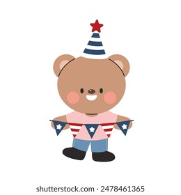 Teddy bear holding flag rail that symbolize Independence Day, celebration 4th July. Flat cartoon style vector illustration isolated on white background