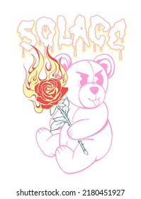 Teddy bear holding flaming rose hand drawn illustration and custom typographic slogan print design