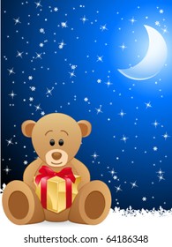 teddy bear holding gift box and blue night background