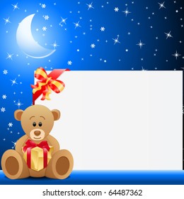 teddy bear holding gift box and blue night background