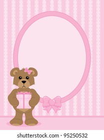Teddy Bear holding a gift frame with copy space in shades of pink