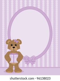 Teddy Bear holding a gift frame with copy space in shades of lilac