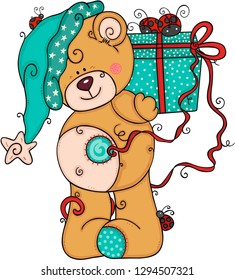 Teddy bear holding gift with ladybugs
