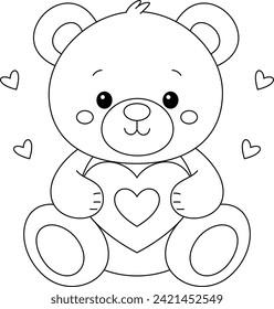 A teddy bear holding a heart coloring page. Valentine illustration coloring book