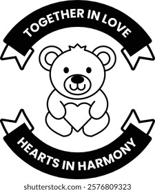 A teddy bear holding a heart in front of a ribbon