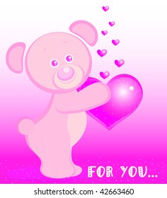 teddy bear holding heart in his hand on a pink background.