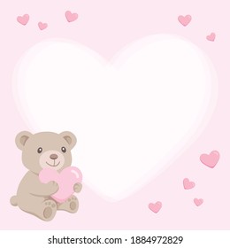Teddy Bear Holding Heart Shape Pillow With White Blank Heart Shape Frame, Baby Shower Invitation Card