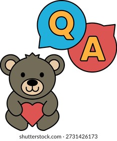 Un oso de peluche sostiene un corazón y está rodeado por las letras Q y A. Concepto de curiosidad y un deseo de aprender