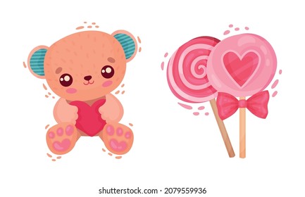 Teddy Bear Holding Heart and Sweet Candy on Stick as Saint Valentine Day Symbol Vector Set