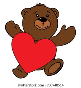 Teddy bear holding a heart. Vector illustration of a teddy bear with a red heart. Hand drawn teddy bear holding a red heart greeting card.