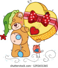 Teddy bear holding a large yellow heart gift box
