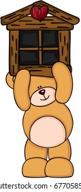 Teddy bear holding little wood house
