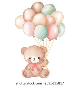 Teddybär mit pastellfarbenen Ballons