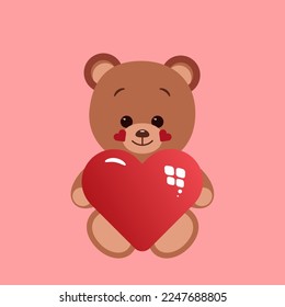 Teddy bear holding in the paws of a big heart. The concept of Valentine Day. Flat vector illustration isolated on a red background