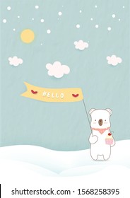 teddy bear is holding poster.he is standing on fulffy snow.cute animal decorate with scarf and carry sweet cupcake.background colour is blue pastel.